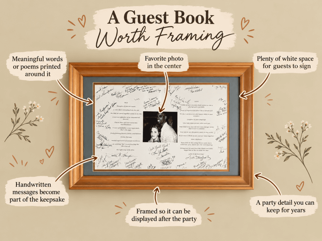 Elegant guest book framing with meaningful words and space for signatures.