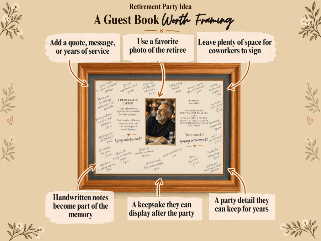 Decorative guest book for retirement party with notes and photos.