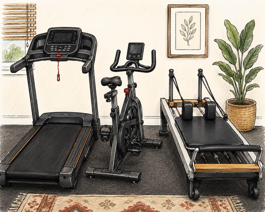 Home gym with treadmill, exercise bike, and weight bench.