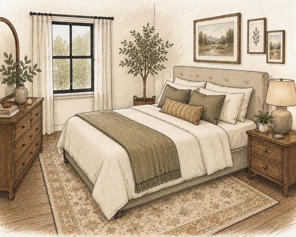 Elegant bedroom with neutral tones, wooden furniture, and framed artwork.