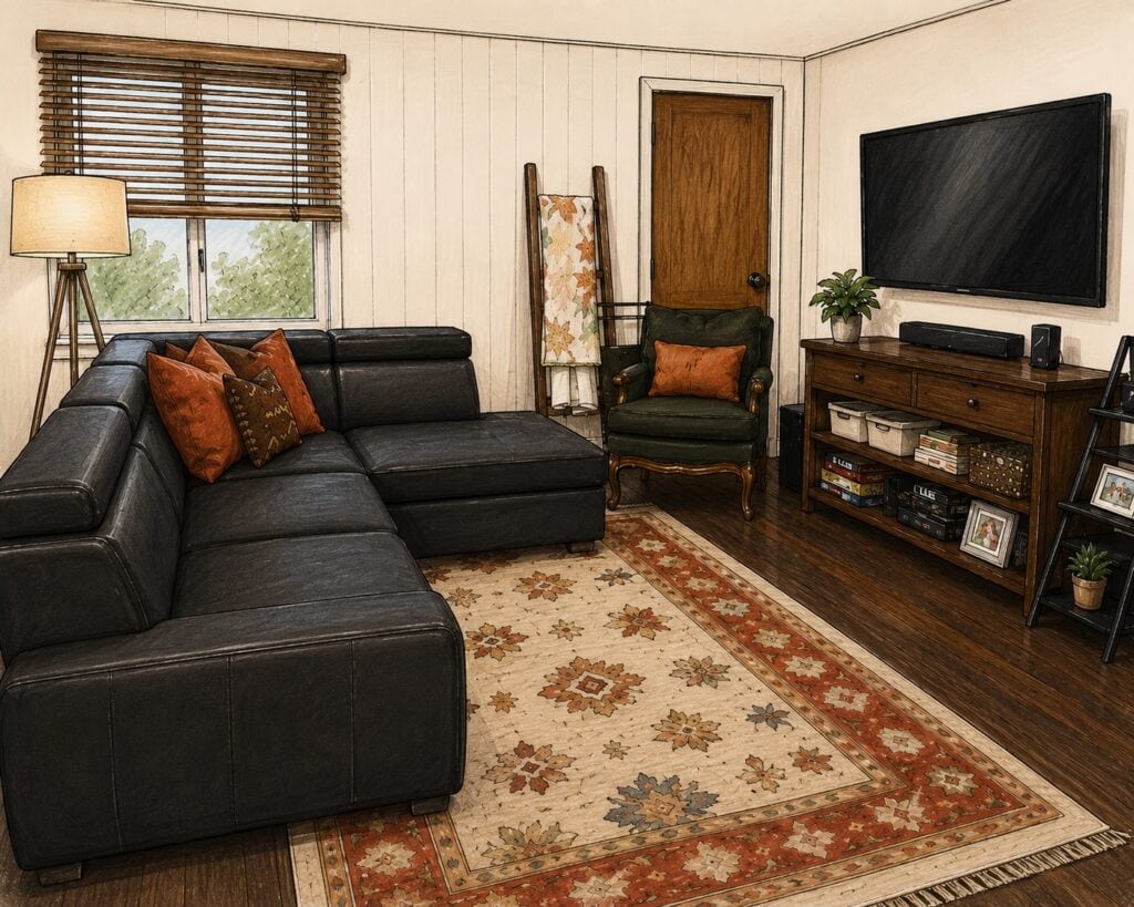 Living room with black leather sectional, wooden TV stand, and patterned area rug.