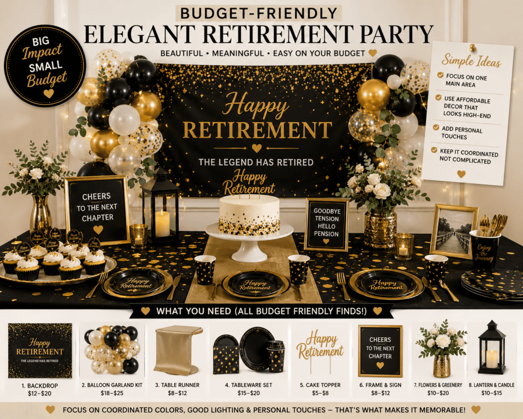 Elegant retirement party setup with black, gold, and white decorations and a cake.