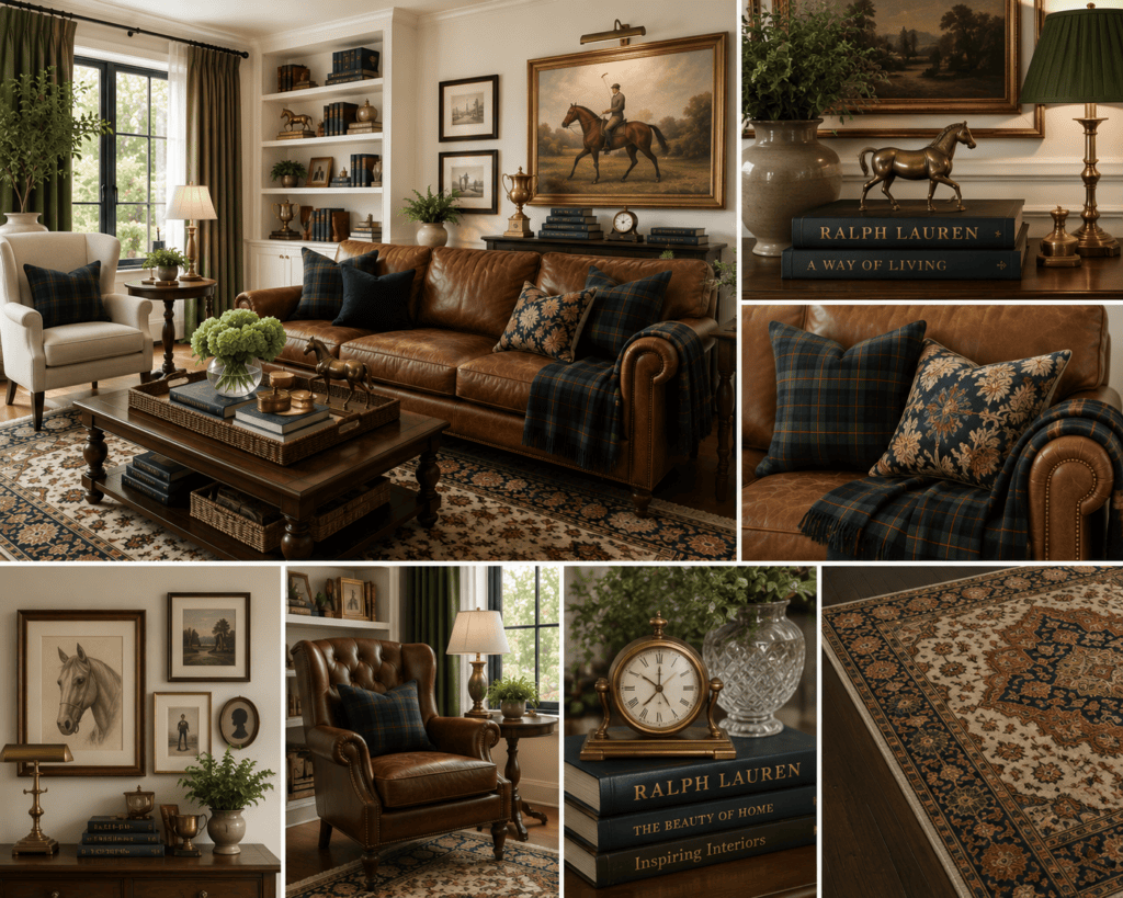 Stylish living room with leather sofa, artwork, and vintage decor accents.