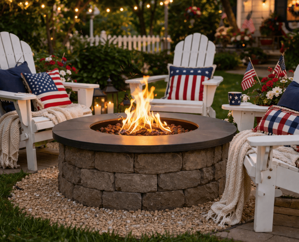 Outdoor firepit with Adirondack chairs decorated with American flags and cozy blankets.