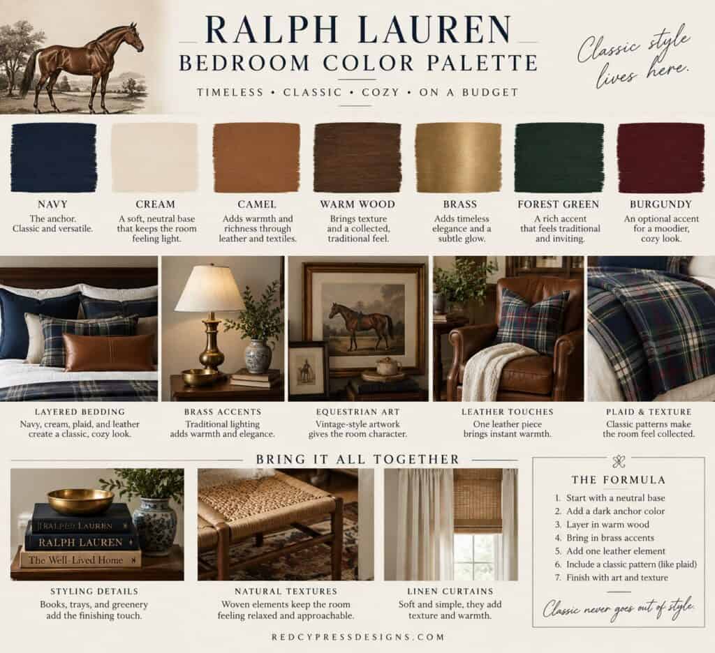 Ralph Lauren bedroom color palette with fabric and decor samples.