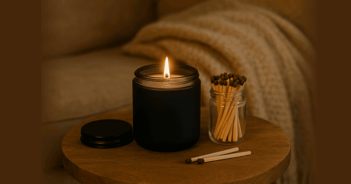 Cozy candle in a black jar with matches on a wooden table, perfect for self-care and gifting.