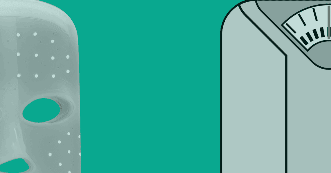 Stylized image featuring a translucent LED light therapy mask on the left and an analog bathroom scale on the right, set against a teal background.