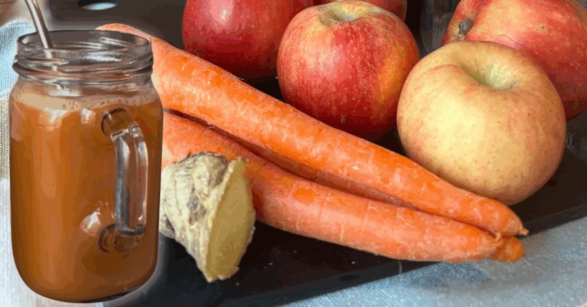 Apples, carrots, and ginger for nutritious slow juicing.