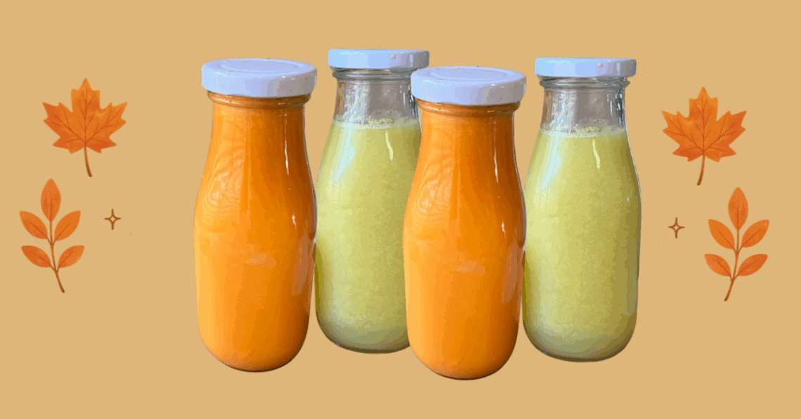 Fresh fall juice bottles with orange and green smoothies for cozy season.