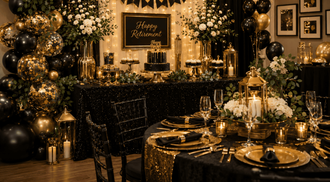 Luxurious retirement party table with gold and black decorations.