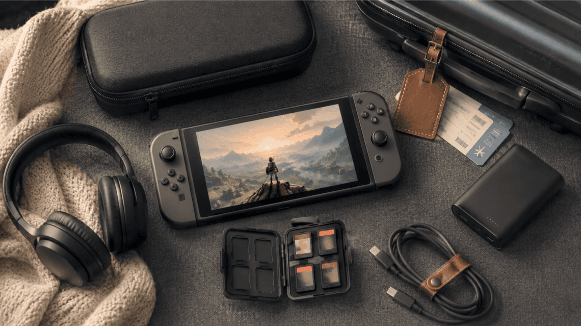 Portable gaming console with accessories and travel essentials.