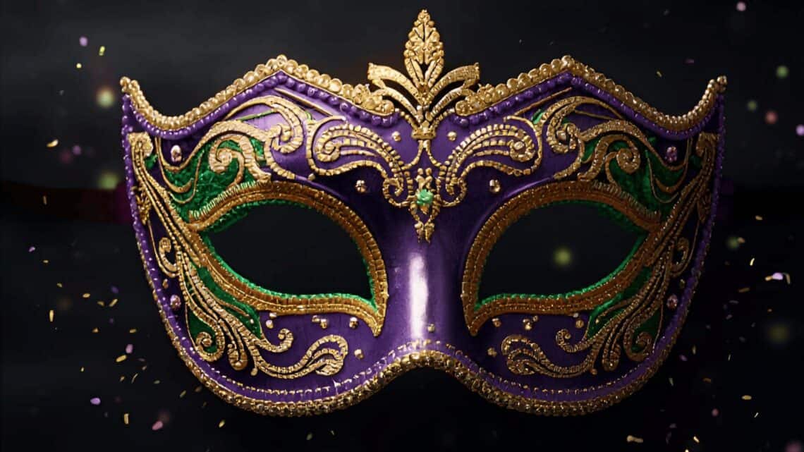 Colorful Mardi Gras mask with purple, green, and gold embellishments.