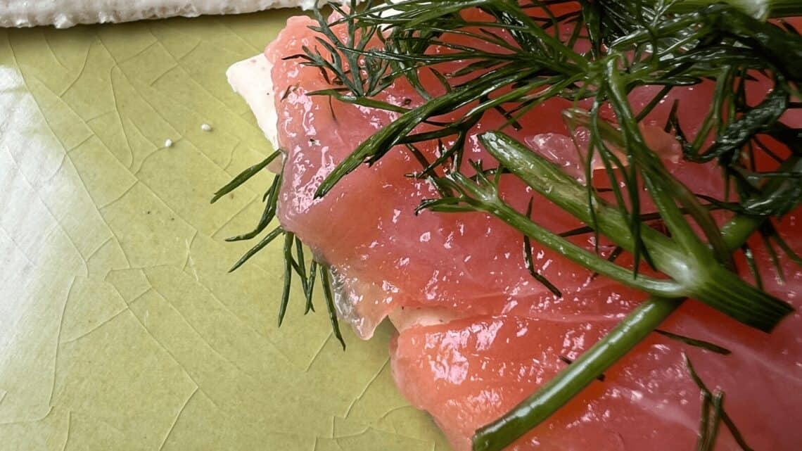 Close-up of cured salmon garnished with dill on a textured ceramic plate