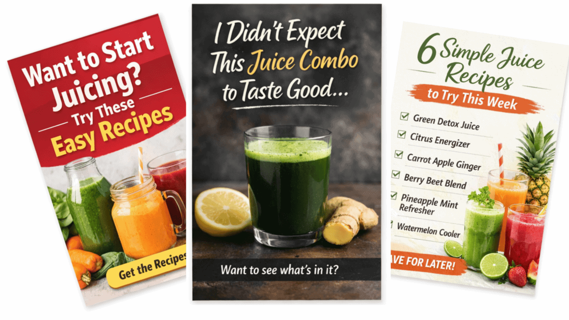 Collection of vibrant juice recipes including green detox, citrus, and berry blends.