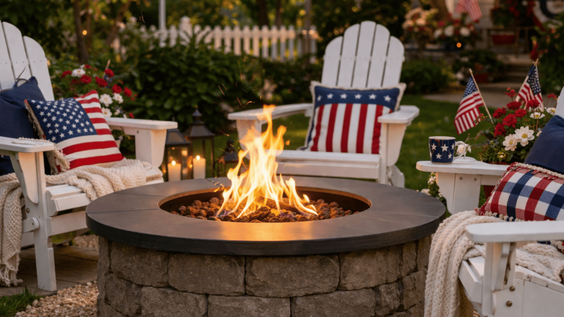 Outdoor fire pit with patriotic decor and comfortable seating.