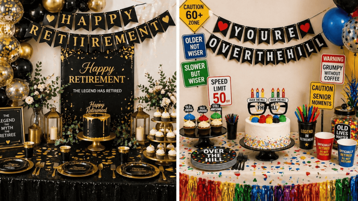 Colorful retirement party setup with balloons, banners, and themed cake.