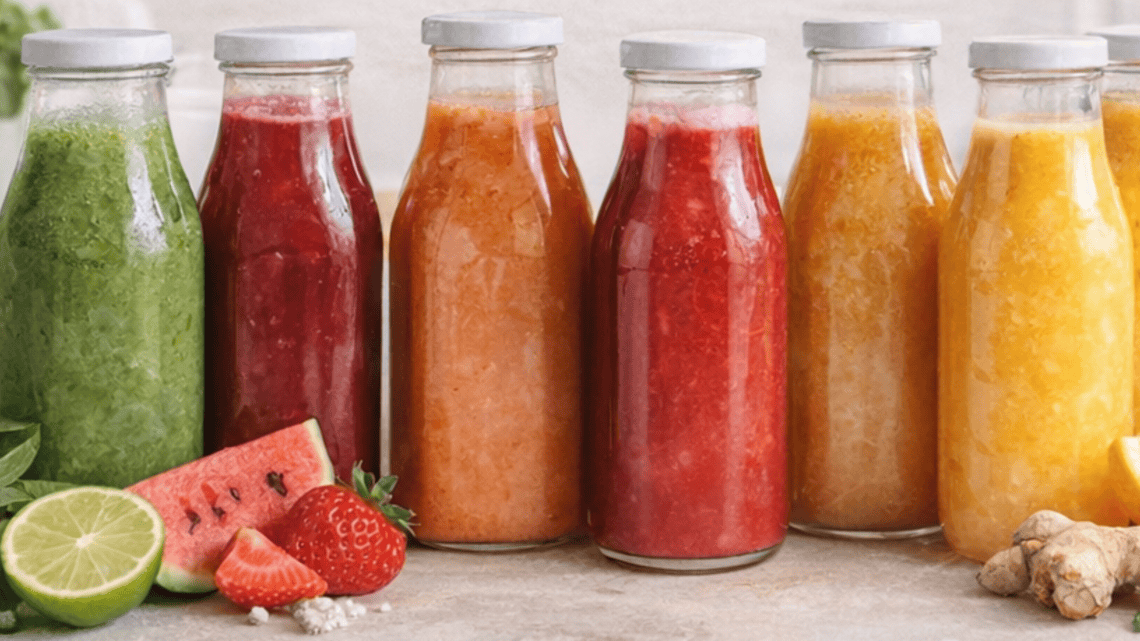 Colorful smoothies in glass bottles with fresh fruit and ginger on a wooden surface.