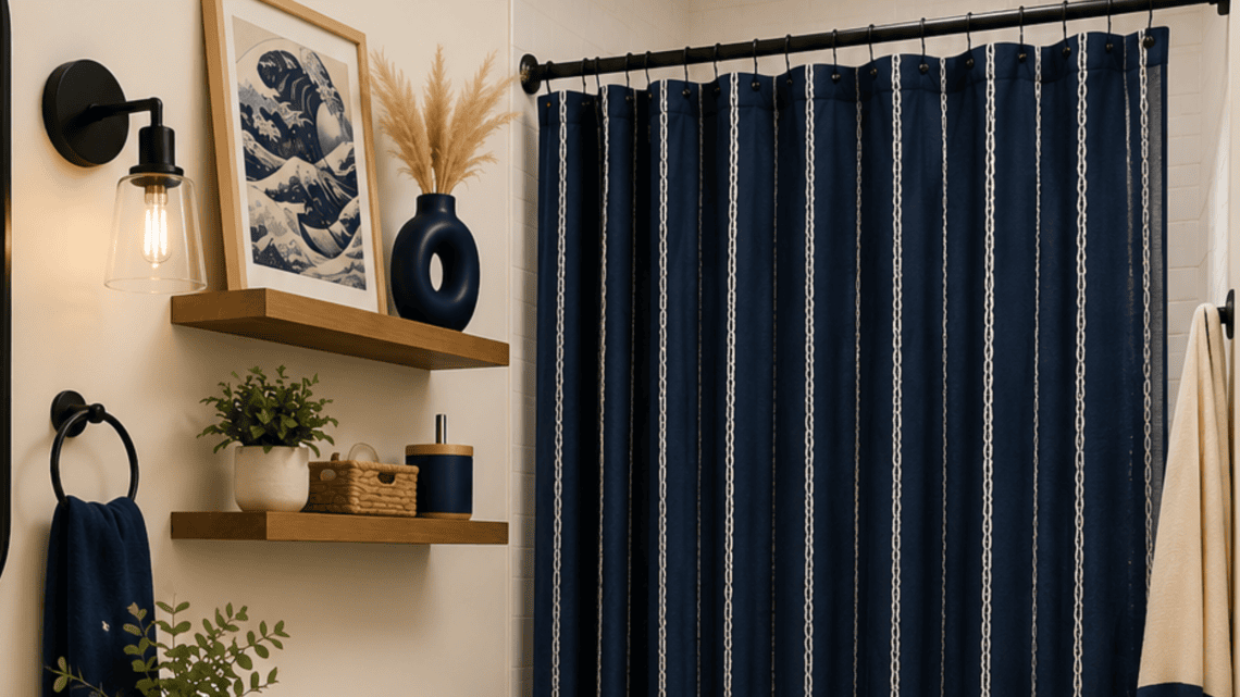 Modern bathroom with navy blue shower curtain and stylish decor.