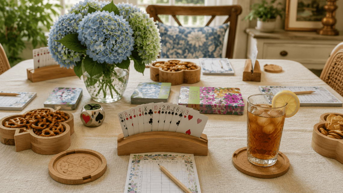 Indoor game night with cards, snacks, and a refreshing drink on a wooden table.