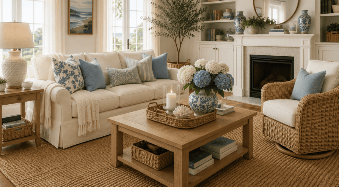 Elegant coastal living room with neutral tones and blue accents.