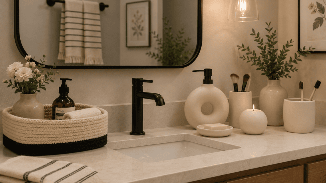 Contemporary bathroom vanity with black faucet and decorative accessories.
