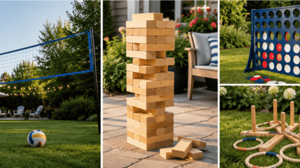 Outdoor yard games setup with volleyball, giant Jenga, and ring toss for parties.