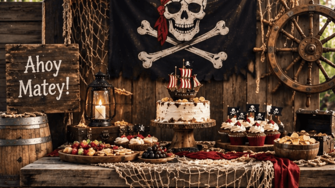 Pirate-themed dessert table with cake, cupcakes, and decorations for a party.