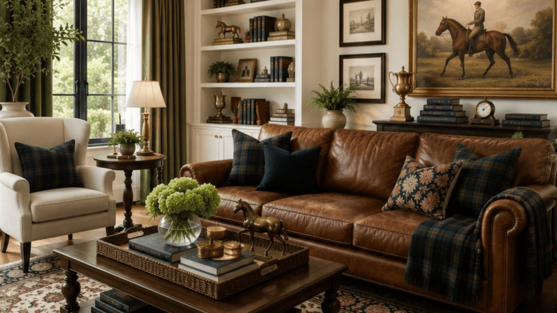 Stylish living room with leather sofa, artwork, and decorative accessories.