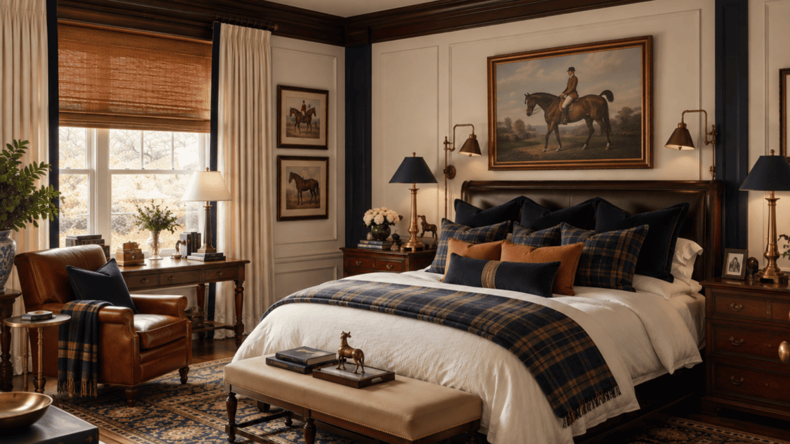 Luxurious bedroom with Ralph Lauren style, plaid bedding, and classic artwork.