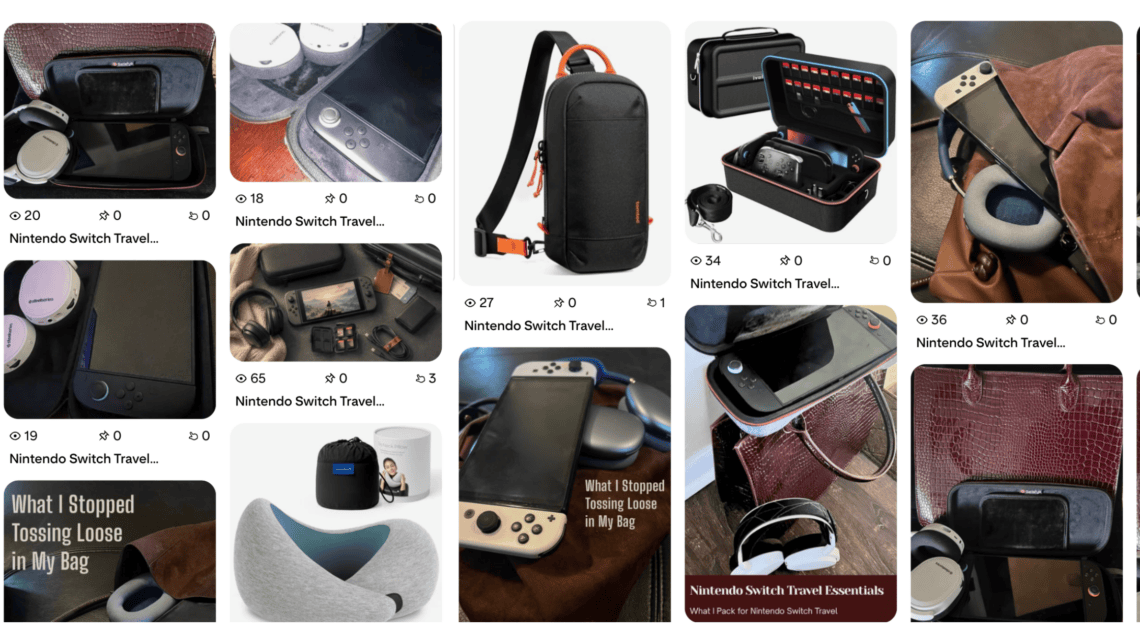 Collection of travel accessories including Nintendo Switch cases, backpacks, and tech gadgets.