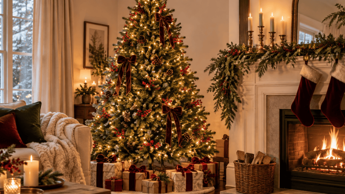 Festive Christmas tree with warm lighting and elegant decorations.