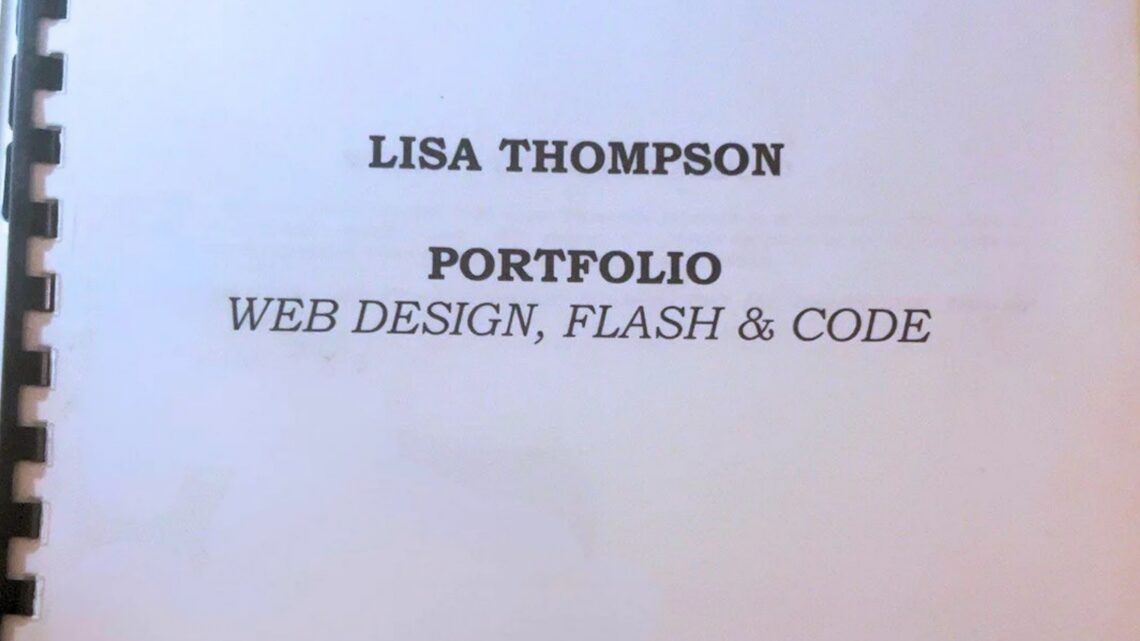 Portfolio cover page for Lisa Thompson showcasing web design, flash, and coding skills.