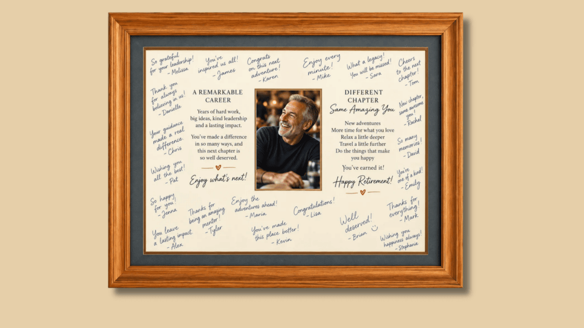 Framed retirement message with handwritten notes and photo.
