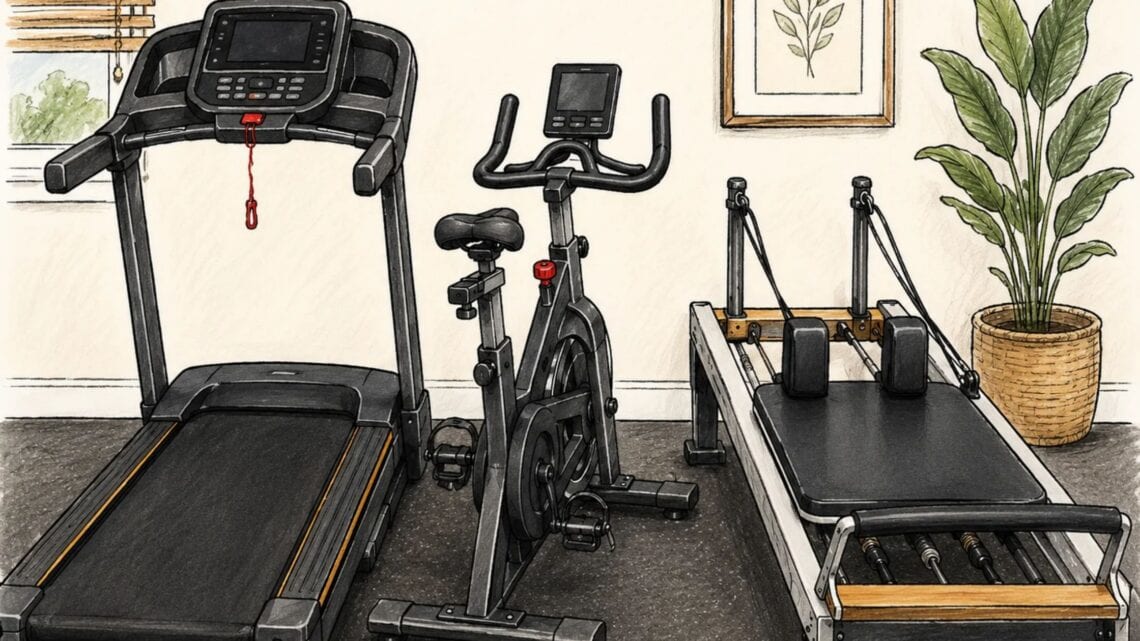 Treadmill, exercise bike, and weight bench in a home gym.