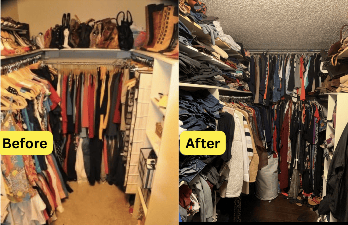 Before and after closet organization by Redcypress Designs.