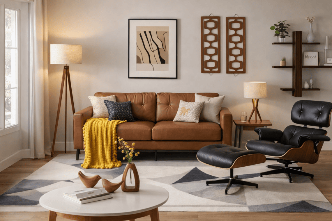 Stylish living room with leather sofa, armchair, and decorative wall art.