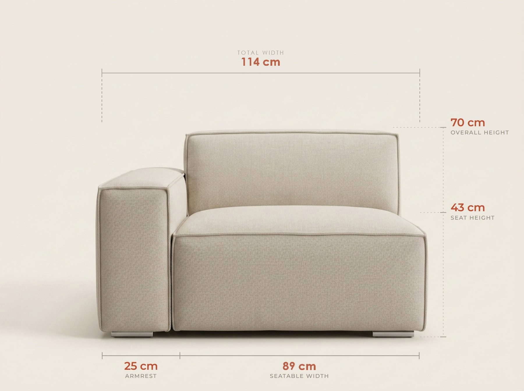 Skylar arm-seat module measurements: 25 cm armrest, 89 cm seatable width, 43 cm seat height, 70 cm overall height