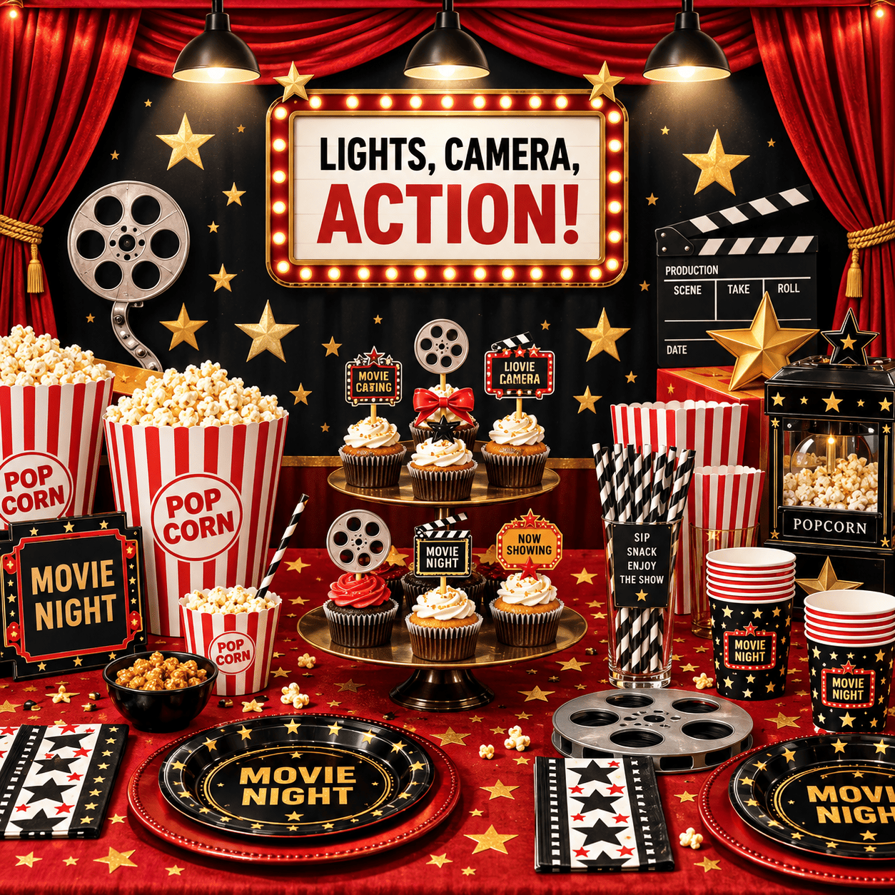 Movie night themed party setup with popcorn, cupcakes, and film reels.