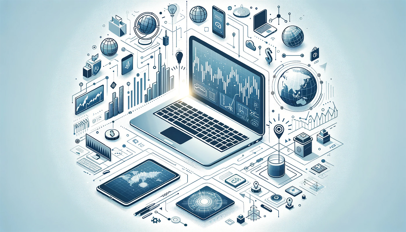 computer, mobile phone, smart devices all connected by lines and dots to other devices and globes