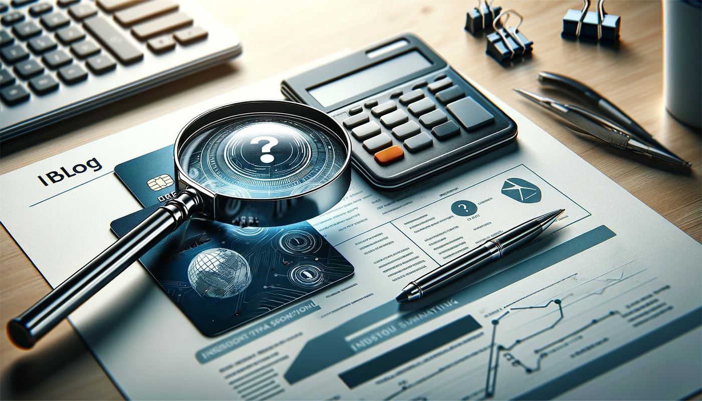 magnifying glass zooming in on question mark above credit card, calculator, paper, pen, keyboard