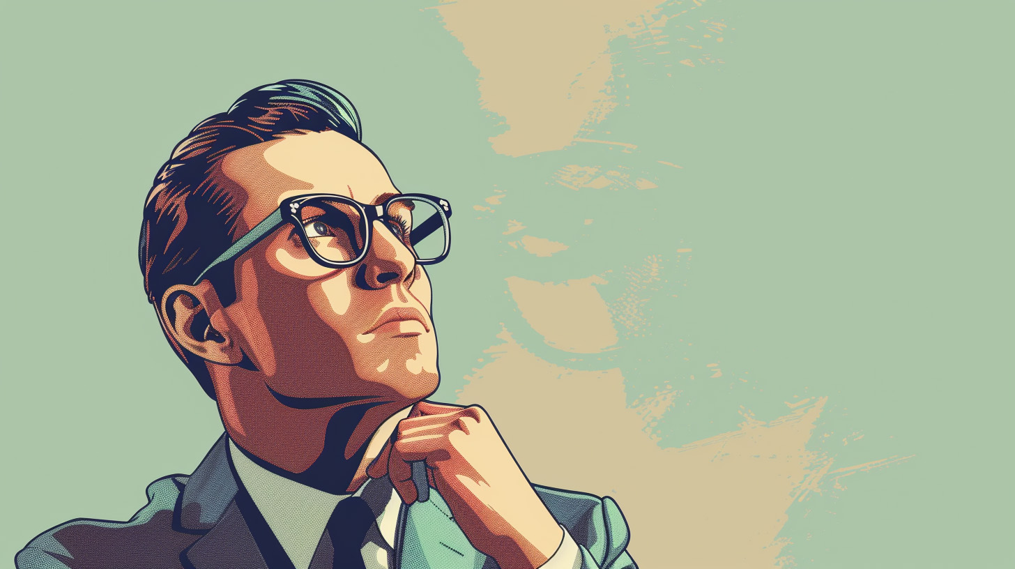 A businessman wearing glasses with his hand on his chin thinking.