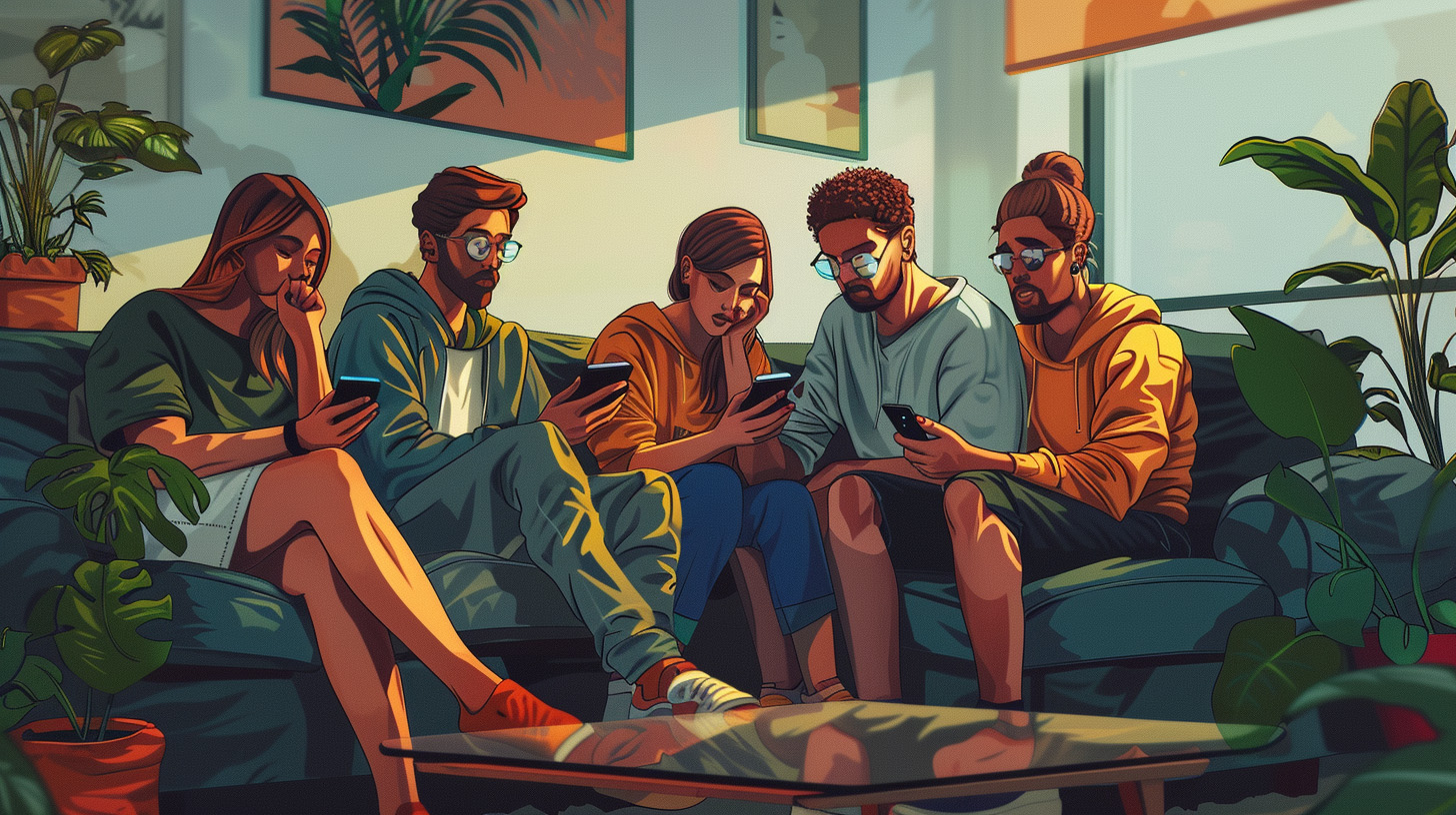 A group of 6 young people sitting on a couch together, but staring at their own phones.