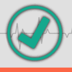 A green check mark inside a circle appears over a gray heartbeat line on a light background, with a red stripe along the bottom.