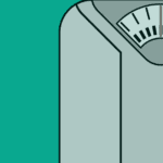 Stylized image featuring a translucent LED light therapy mask on the left and an analog bathroom scale on the right, set against a teal background.