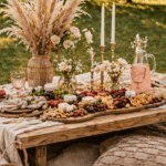Elegant boho picnic table with food, candles, and floral decor in outdoor setting.