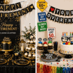 Colorful retirement party setup with balloons, banners, and themed cake.