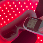 LED light therapy device with remote control for skin treatment.