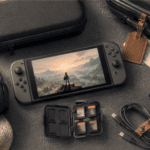 Portable gaming console with accessories and travel essentials.