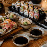 Variety of sushi rolls with soy sauce and wasabi on a wooden table.