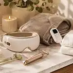 CurrentBody skin care devices and mask on marble countertop in spa setting.